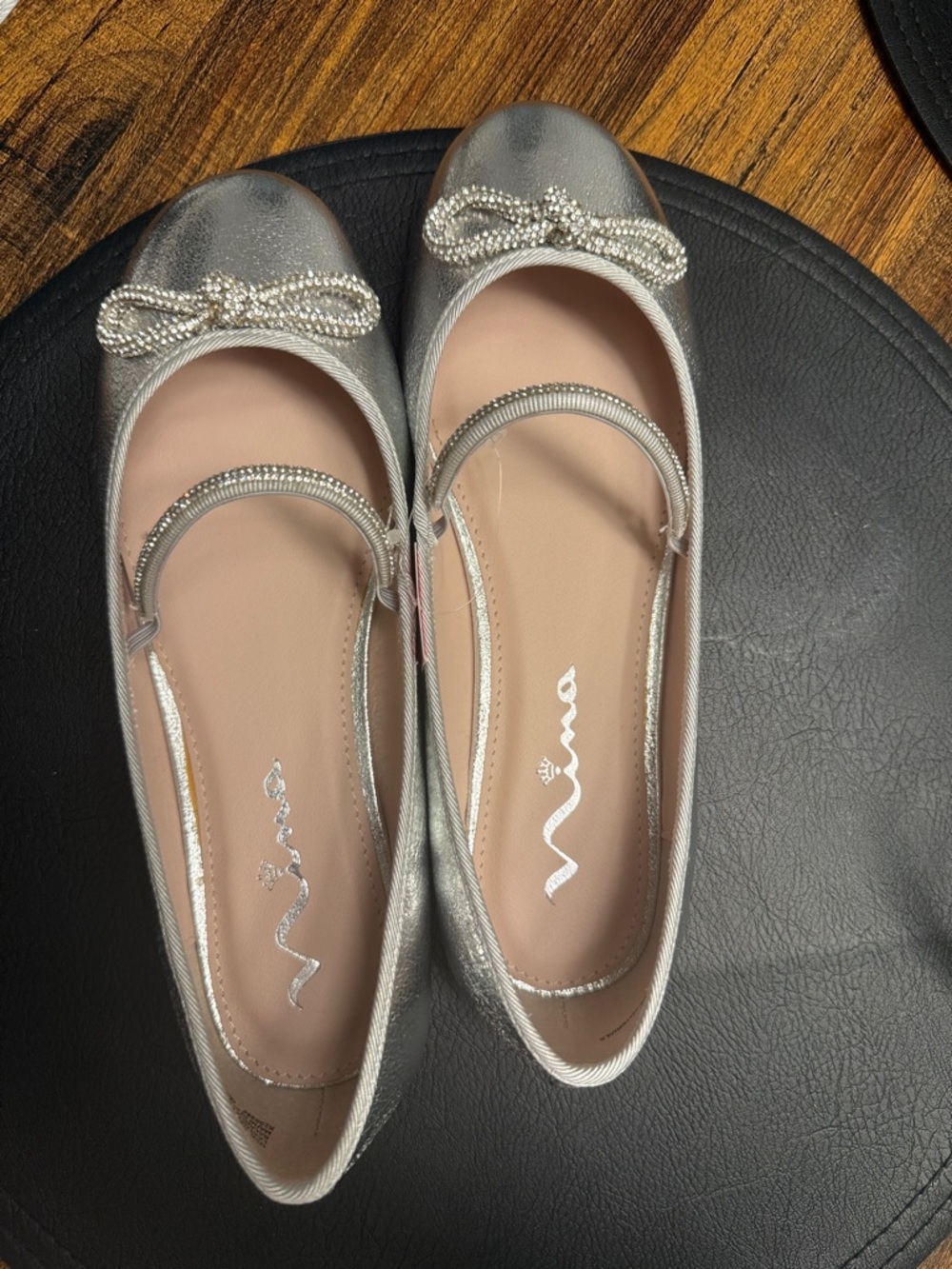 Nina Metallic Silver Mary Jane Flats with Crystal Bow